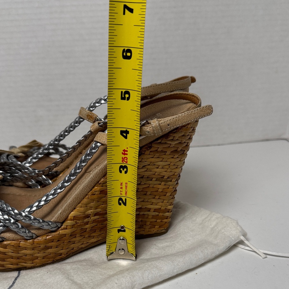 PRADA Woven Wicker Wedge Sandals Metallic Silver Braided Strap 4.5" Heel BOHO 38 - Picture 13 of 16